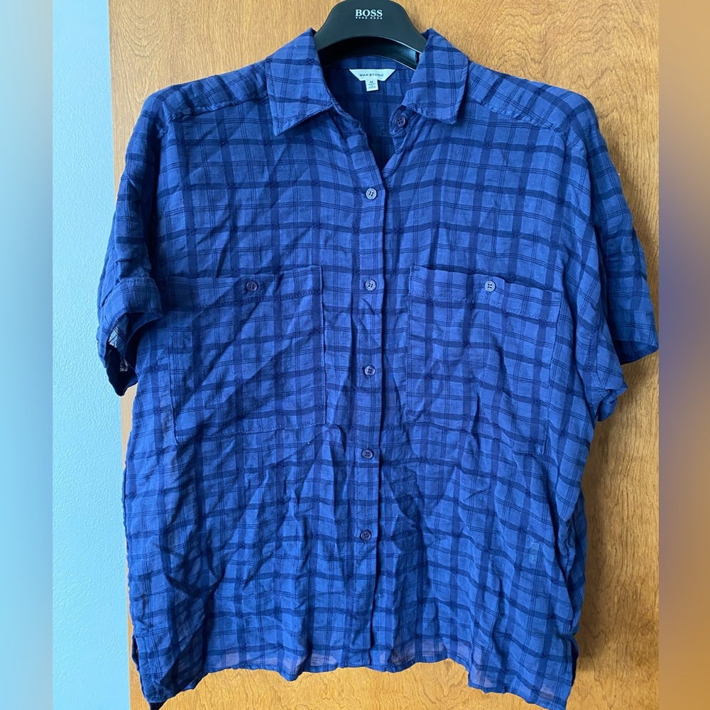 Max Studio Semi-Sheer Blue Button Down Shirt